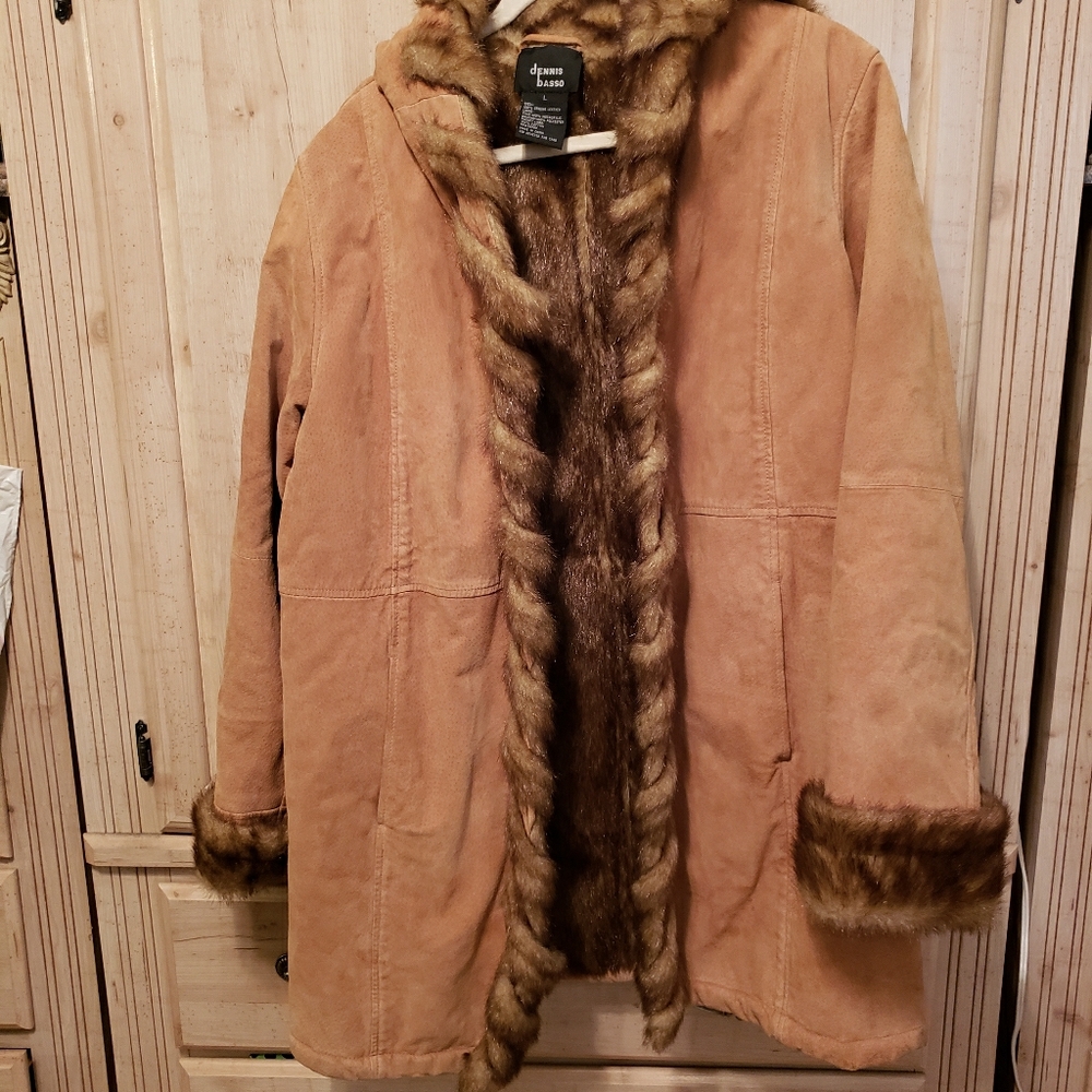 Dennis Basso genuine leather coat with faux fur lining.